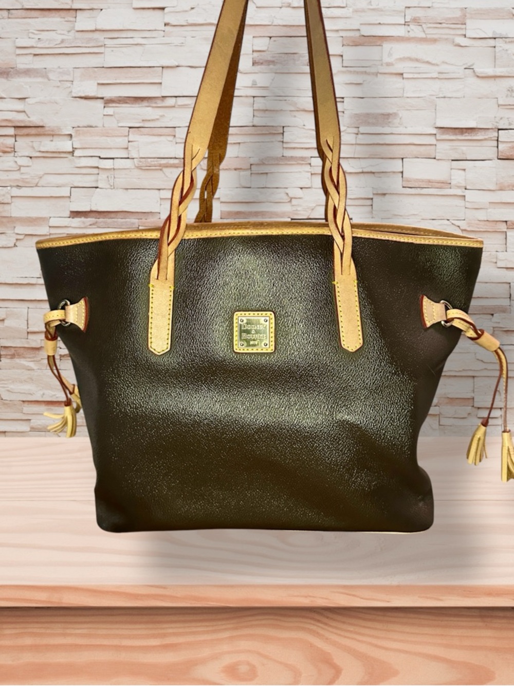 Dooney & Bourke Bailey Tote Dark Brown with Tan Trim and Braided Straps